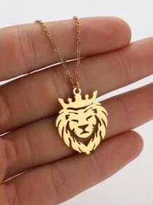 Collier Pendentif En Acier Inoxydable Argenté Simple Et Élégant Avec Tête De Lion Creux Et Chaîne De Couronne, Adapté Aux Hommes Pour Une Utilisation Quotidienne, Comme Cadeau Pour Les Hommes