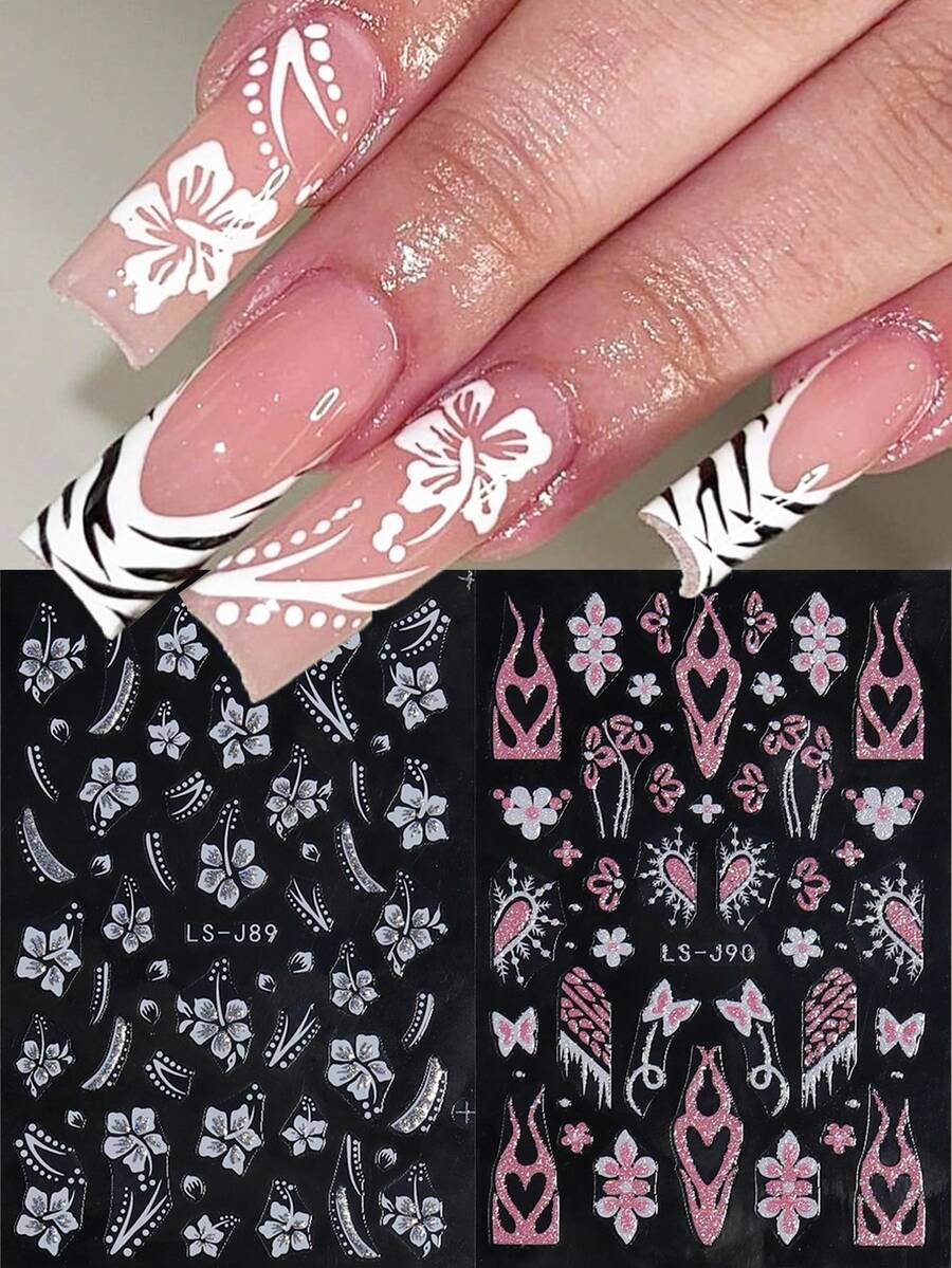 2入組3d反光夏威夷木槿花指甲貼花,夏季閃閃發光粉紅色白色心形花朵指甲藝術貼紙,法式美甲貼紙 - 彩色 - 查看 1