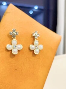 1pair Faux Pearls & Rhinestone Clover & Flower Shaped Personalized Design Elegant Earrings Luxury Women's Jewelry - Multicolor - View 10