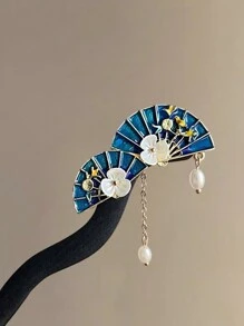 1 chiếc kẹp tóc phong cách cổ điển hình quạt, hạt màu trắng, hoa, ngọc trai, kẹp tóc trang trí bằng gỗ đàn hương đen, thiết kế tua rua thích hợp để đeo hàng ngày, phụ kiện tóc thanh lịch, búi tóc, máy làm búi tóc, kẹp tạo kiểu tóc - Màu xanh lam - Xem 3