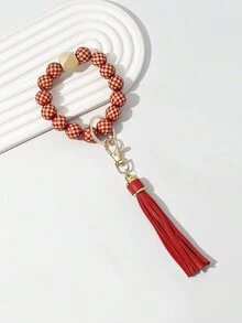 New Arrival Cute Tassel Keychain Bracelet Beaded Plaid Diy Handmade Keyring A Wooden Decorative Keychain Accessory For Phone, Car, Gift For Valentine'S Day, Anniversary, Birthday, Festival. A Creative Gift For Girlfriend, Friend - Multicolor - View 20