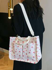 Bolso tote de mano de múltiples bolsillos con estampado de cerezo rosa para el día de San Valentín, bolso de mamá, bolso de gran capacidad para viajes, bandolera, maletín de trabajo y ordenador portátil - Beis - Ver 4