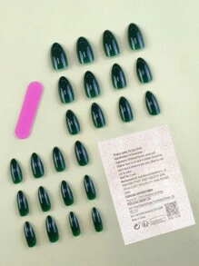 24pcs Almond Shape Medium Length Solid Green Color Glossy Full Cover False Nails For Women And Girls Daily Wear Press On Nails Nail Supplies