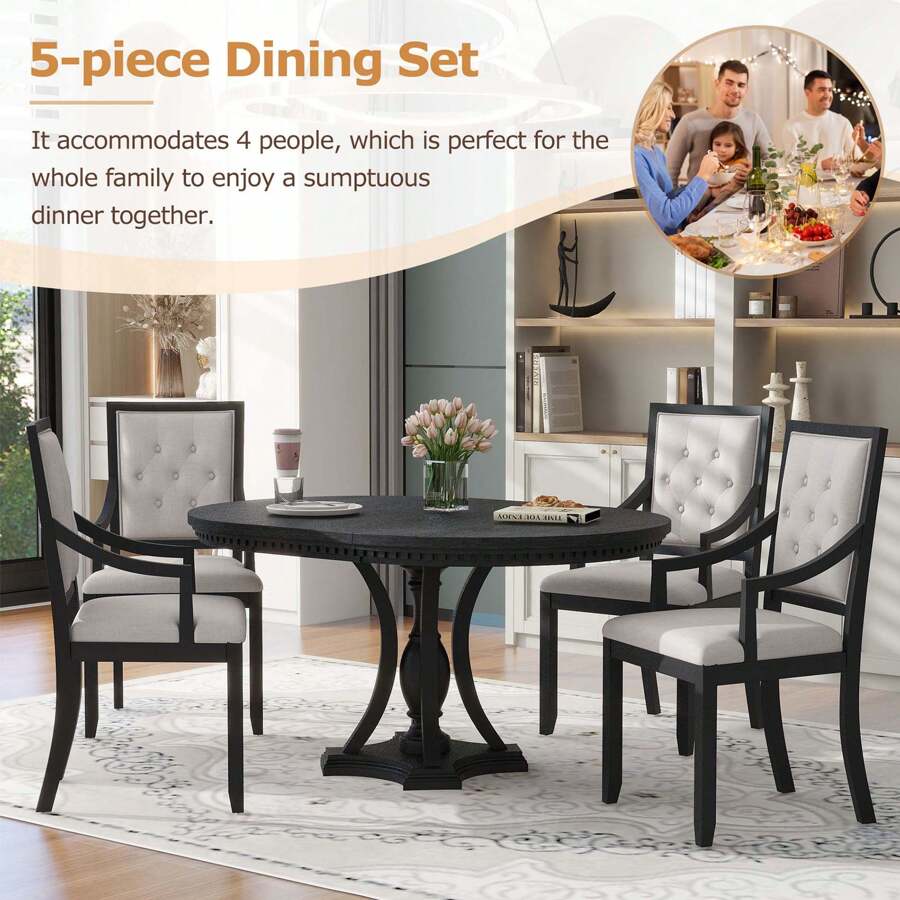MERAX 5-Piece Dining Table Set, Wood Extendable Round Kitchen Table And 4 Upholstered Dining Chairs Solid Wood Dining Room Table Set For 4 People - Sồi đen - Xem 1