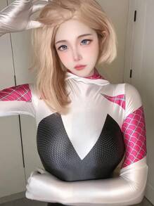 2 Piece Superhero Gwenom Spider Woman Spider Suit Women's Cosplay Costumes One Piece Overall Set - Mask Included - Black and White - View 1