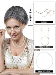 老奶奶假髮,老太太假髮,老奶奶眼鏡,眼鏡鏈,珍珠項鍊3件套cosplay灰色假髮,學校百日慶,8英寸女性合成耐熱假髮 - 灰色 - 查看 4