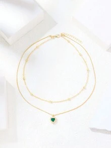 復古綠色心形方晶鋯石吊墜串珠多層項鍊,適合約會、通勤和情人節、週年紀念日等節日,也可作為禮物 - 金黃色 - 查看 8