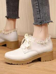 Women's Fashionable College Style High Heel Shoes With Lace Edge, Satin Tie And Cute Style, Comfortable Design - White - View 2