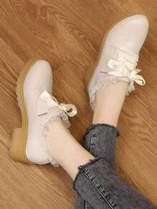 Women's Fashionable College Style High Heel Shoes With Lace Edge, Satin Tie And Cute Style, Comfortable Design - White - View 4