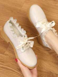 Women's Fashionable College Style High Heel Shoes With Lace Edge, Satin Tie And Cute Style, Comfortable Design - White - View 5
