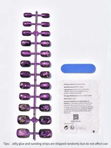 1套24入可拆式紫色漸變貓眼指甲藝術全包式假指甲,印有貓咪、煙火、星星設計,短款適合成人 - 紫色 - 查看 9