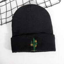 1頂女裝仙人掌刺繡毛絨厚編帽,秋冬保暖休閒戶外耳保暖防風針織帽子 - 黑色 - 查看 1