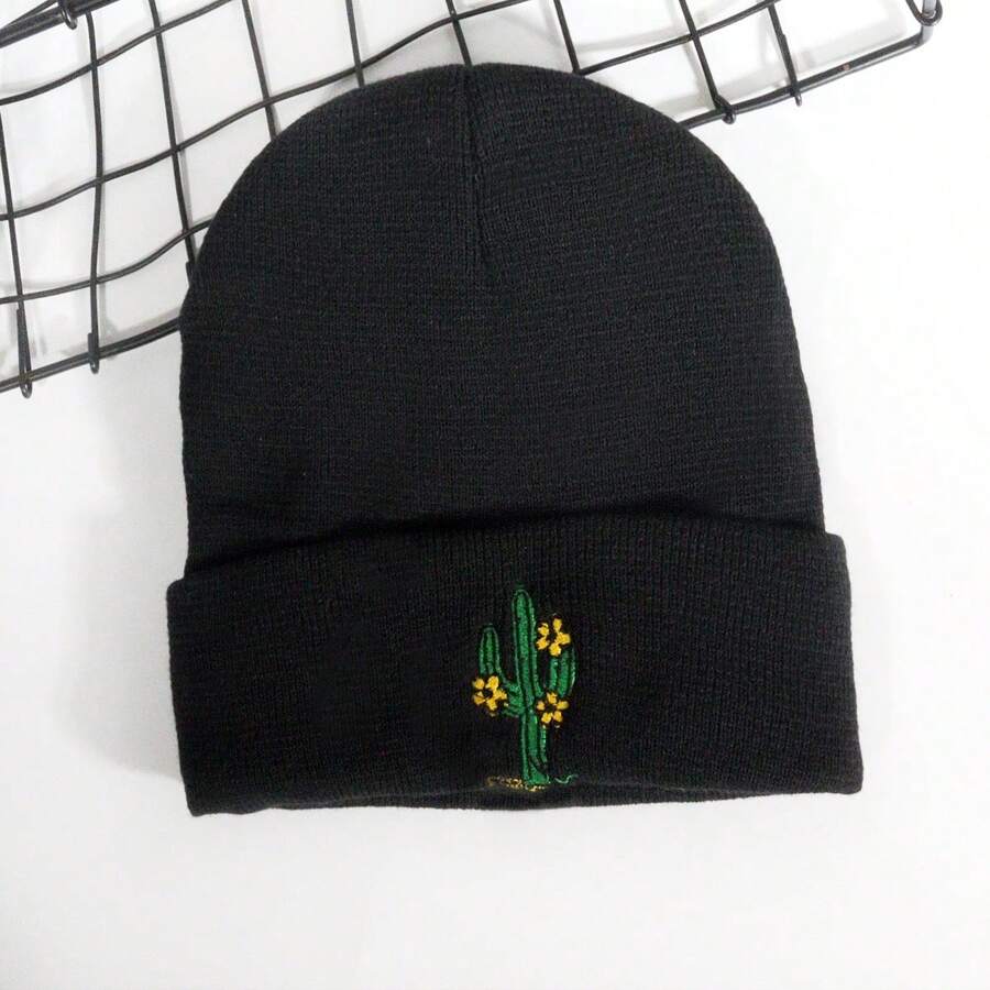1頂女裝仙人掌刺繡毛絨厚編帽,秋冬保暖休閒戶外耳保暖防風針織帽子 - 黑色 - 查看 1
