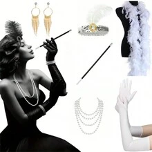 1920年代復古配件套裝,羽毛頭飾,假珍珠項鍊,手鐲,煙管,長統襪,手套,耳墜,摺疊扇,羽毛織帶頸巾,amazing Gatsby風格配件 - 黑色 - 查看 8