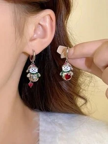 1pair Asymmetrical Zinc Alloy Rhinestone Decor Dangle Earrings With Colored Snowman & Santa Clause Shaped Pendants For Women'S Christmas Jewellery - Multicolor - View 2