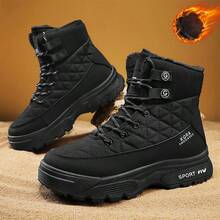 1pair Sports Style Warm Men's Snow Boots With Lining, Short Pu Boots With Lace For Outdoor Activities In Winter - Black - View 1