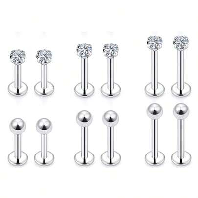 12 PCS/Lot Labret Piercing Set Surgical Steel CZ Zirconia Lip Stud Bar Earring Helix Cartilage Tragus Body Jewelry 16G
