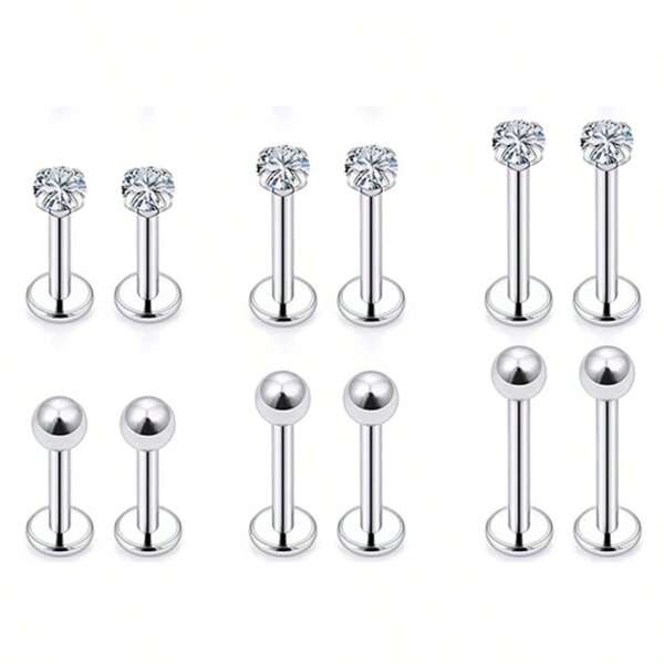 Conjunto De 12 Piezas De Piercing Labret Para El Cuerpo, Barra De Acero Quirúrgico Con Pasador De Labios Y Zirconia Cúbica, Joyería Corporal Para Cartílago De Hélix, Trago, Y Más, 16g
