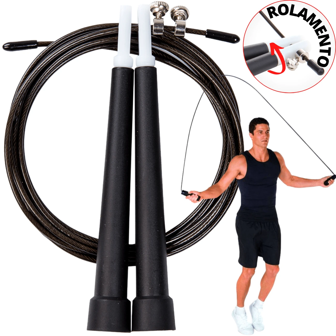 Corda De Pular Crossfit Speed Rope Rolamento Profissional Fit - Preto - Visão 1
