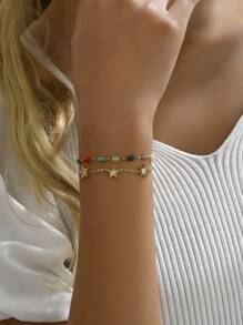 1 件时尚白色珠子和星星和双层彩色玻璃和不锈钢手链，适合女士，优雅、百搭、个性化手链 - 金黃色 - 查看 3