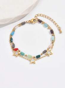 1 件时尚白色珠子和星星和双层彩色玻璃和不锈钢手链，适合女士，优雅、百搭、个性化手链 - 金黃色 - 查看 5