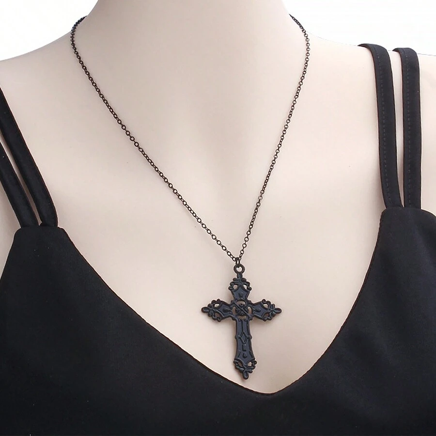 1pc Vintage Gothic Style Black Cross Pendant Necklace, Unisex, Suitable For Daily Wear And Gift Giving - Black - View 1