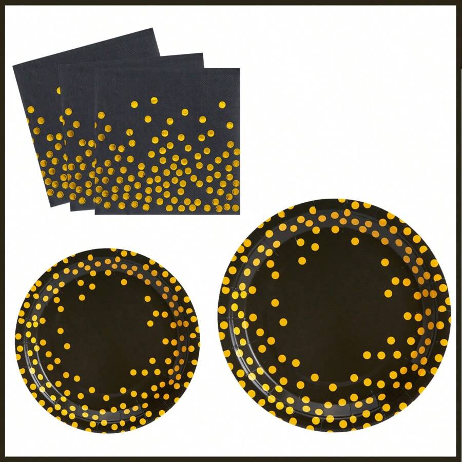 Black & Yellow Disposable Plate & Napkin Set, Fits 24 Guests, Round