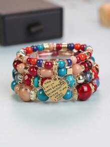 4pcs/Set Bohemian Style Handmade Jewelry - Metal Heart Pendant Multilayered Beaded Bracelet - Multicolor - View 2