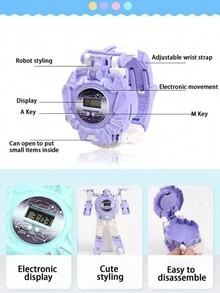 1 Pieza Reloj Juguete Robot Transformable En Morado, Regalo Creativo De Reloj Electrónico Para Niños Y Niñas - Morado - Ver 6