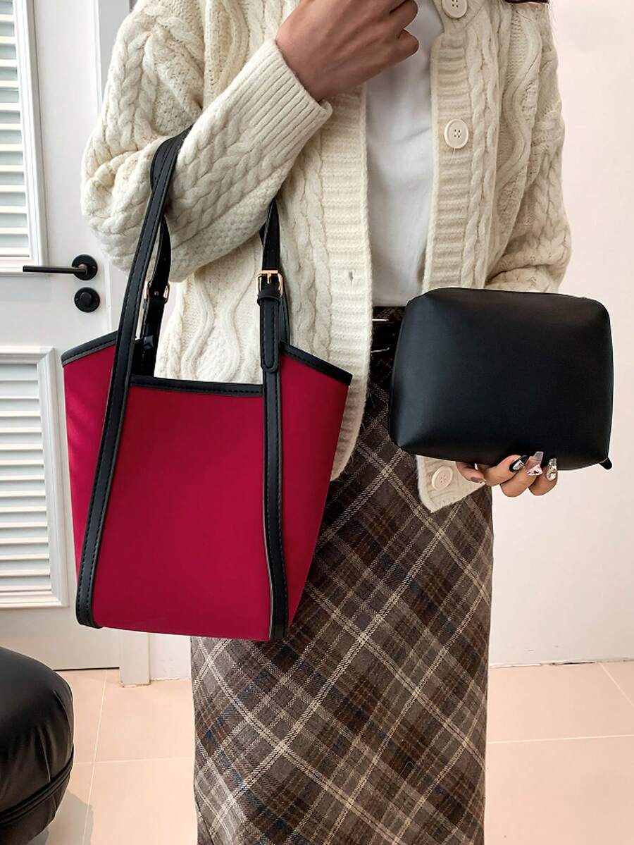 复古婆婆包水桶包大容量单肩包带内胆包秋冬新款包包复古风棕色包包送女朋友礼物女士 - 紅色 - 查看 1