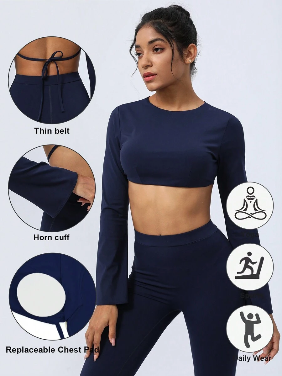 Sodalemon Women's Backless Strap & Padded Yoga Long Sleeve Workout T-Shirt - Navy Blue - View 1