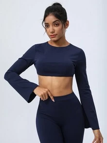 Sodalemon Women's Backless Strap & Padded Yoga Long Sleeve Workout T-Shirt - Navy Blue - View 6