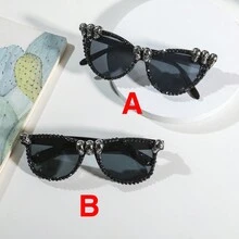 1pc New Fashion Rhinestone Inlaid Skull Shaped Fashion Glasses Cat Eye Shade For Party Decoration - Black - View 7