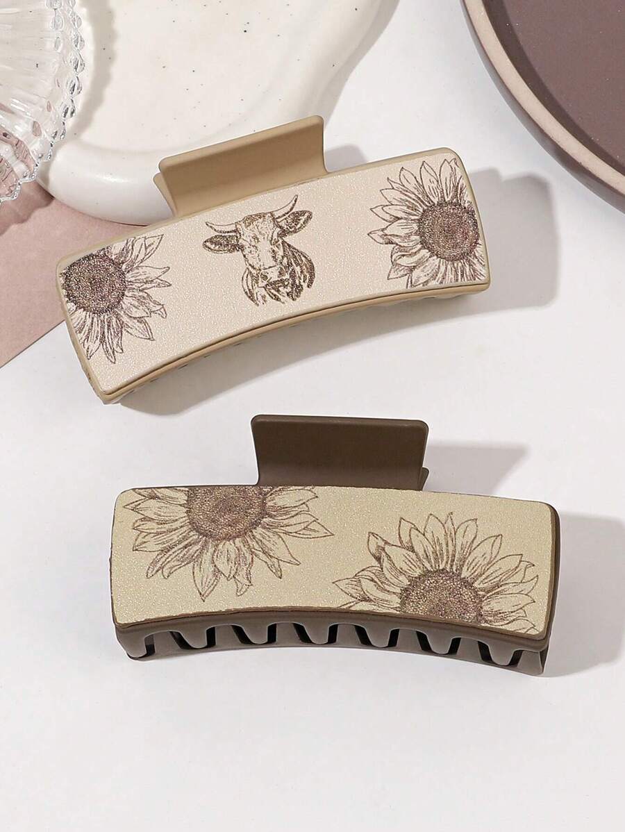 Set de 2 pinzas para el cabello de cuero de poliuretano con diseño pintado a mano de girasol y vaca de las tierras altas, diseñadas para otoño e invierno, accesorios de cabello bohemios tipo garra, pinzas para el cabello, pinzas para el cabello, sujetadores para el cabello, clips para el cabello, accesorios de cabello para mujer para vacaciones, atuendos de verano, viajes, fiestas - Multicolor - Ver 1