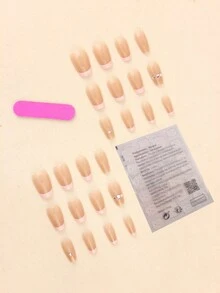 24 Piezas/set Uñas Postizas 3d En Forma De Ataúd Metálicas Con Patrón Romántico De La Ciudad, Incluye Gel Y Lima De Uñas, Perfectas Para Ocasiones Formales - Multicolor - Ver 2