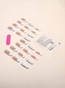 24入組長形棺材白色法式閃粉假指甲，附1入組指甲銼和1張指甲膠帶，可壓式假指甲美甲用品 - 彩色 - 查看 3