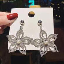 1 對花卉水鑽耳環時尚浪漫宣言吊墜耳環歐美風格 - 金色 - 查看 6
