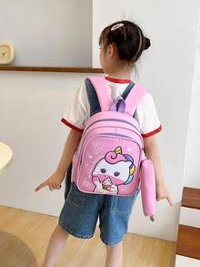 Cartoon Unicorn Pattern Girls' Backpack With Shoulder Straps And Matching Pen Bag - Pink - View 1
