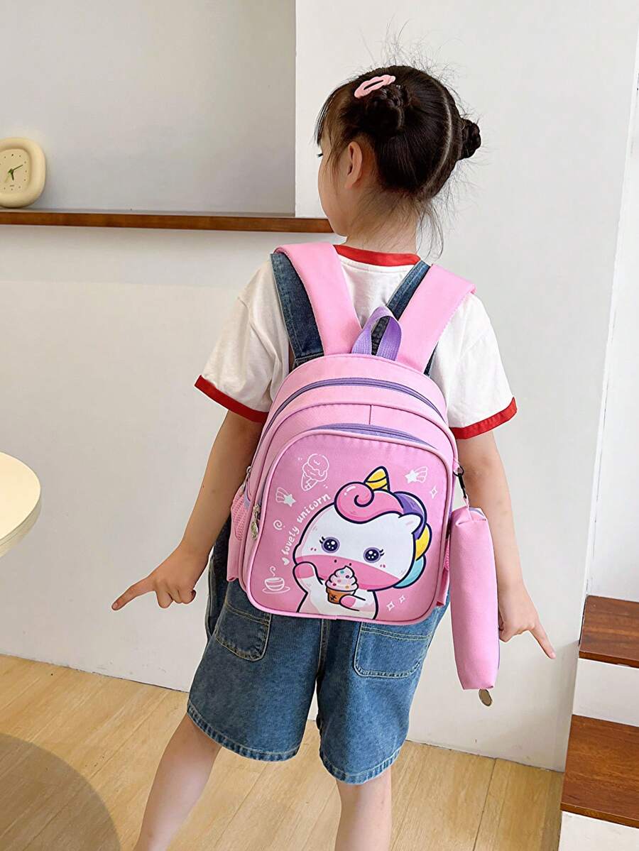 Cartoon Unicorn Pattern Girls' Backpack With Shoulder Straps And Matching Pen Bag - Pink - View 1