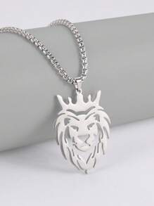 Collier Pendentif En Acier Inoxydable Argenté Simple Et Élégant Avec Tête De Lion Creux Et Chaîne De Couronne, Adapté Aux Hommes Pour Une Utilisation Quotidienne, Comme Cadeau Pour Les Hommes