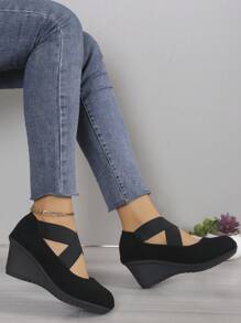 Women's Wedge Loafers, Thick Bottom, Black, Fashionable, Versatile, Lightweight, Slip-On, Elastic Band, Simple, Comfortable, Large Size - Black - View 6