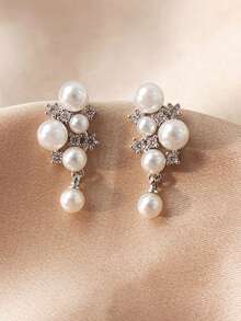1pair White Pearl & Rhinestone Inlaid Clip-On Earrings For Women Without Pierced Ears, Suitable For Daily Wear, Valentine's Day Gift - White - View 6