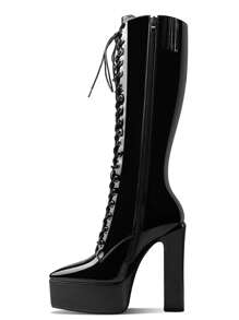 Chunky Black Platform Boots For Women Knee High Boots For Women Lace Up Tall Boots Black - 黑色漆皮 - 查看 6