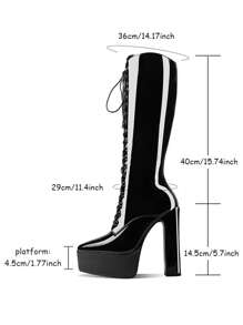 Chunky Black Platform Boots For Women Knee High Boots For Women Lace Up Tall Boots Black - 黑色漆皮 - 查看 7