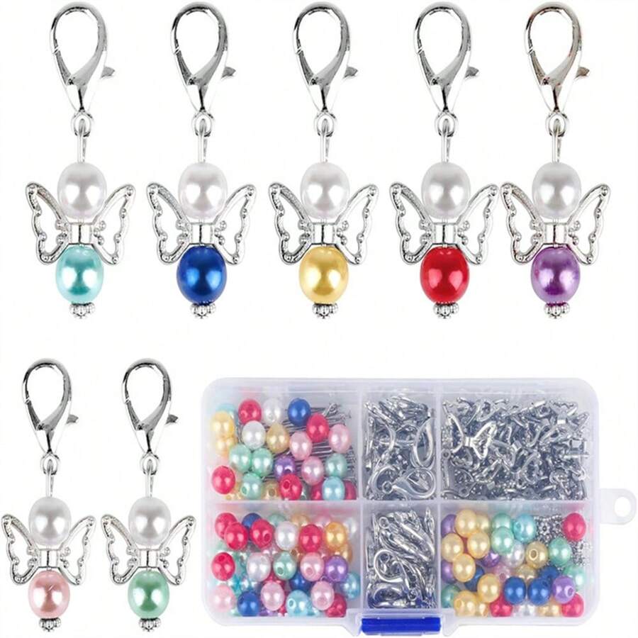 50 Sets Of 8 Colors Guardian Angel Keychains & Handmade Pearl Angel Pendant, Suitable For Diy Jewelry Crafts, Gifts, Weddings & Christenings - White - View 1