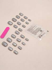 24pcs Short Square Cute & Simple Solid Color With Glitter Detail Nail Wraps, Suitable For Students And Office Workers To Wear In Daily Life Press On Nails Nail Supplies - Multicolor - View 5