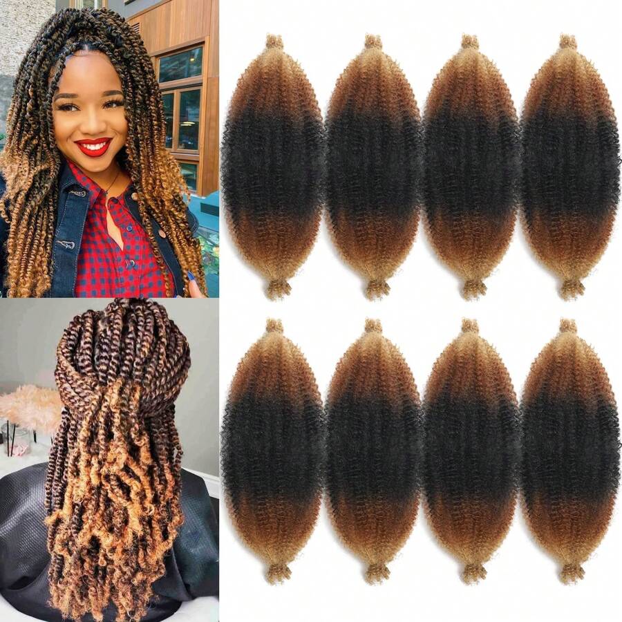 8pcs Faux Hair Crochet Hooks, Fluffy Pom-Pom Caterpillar Braids - Ombre - View 1