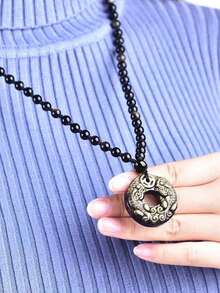 金色黑曜石風水pixiu圓形吊墜項鍊 - 金色 - 查看 4