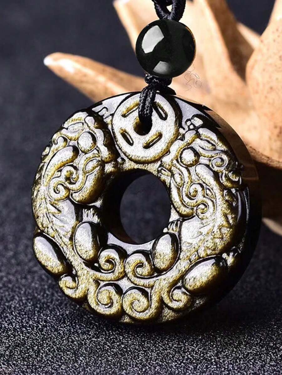 金色黑曜石風水pixiu圓形吊墜項鍊 - 金色 - 查看 1