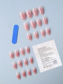 提升您的外观。24片腮红边缘美甲芭蕾美甲垫、1片果冻胶和1片指甲锉，可覆盖全指甲。适用于女士和女孩，按压式指甲，甜美女孩的假指甲，美甲用品 - 淺粉色 - 查看 2